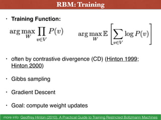 • Training Function: 
 
• often by contrastive divergence (CD) (Hinton 1999;
Hinton 2000)
• Gibbs sampling
• Gradient Descent
• Goal: compute weight updates
RBM: Training
more info: Geoffrey Hinton (2010). A Practical Guide to Training Restricted Boltzmann Machines
 