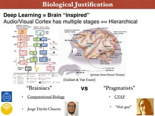 Biological Justiﬁcation
Deep Learning = Brain “inspired” 
Audio/Visual Cortex has multiple stages == Hierarchical
• Computational Biology • CVAP
• Jorge Dávila-Chacón
• “that guy”
“Brainiacs” “Pragmatists”vs
 