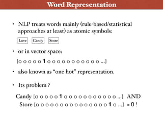 • NLP treats words mainly (rule-based/statistical
approaches at least) as atomic symbols: 
• or in vector space: 
• also known as “one hot” representation.
• Its problem ?
Word Representation
Love Candy Store
[0 0 0 0 0 1 0 0 0 0 0 0 0 0 0 0 0 …]
Candy [0 0 0 0 0 1 0 0 0 0 0 0 0 0 0 0 0 …] AND
Store [0 0 0 0 0 0 0 0 0 0 0 0 0 0 0 1 0 …] = 0 !
 