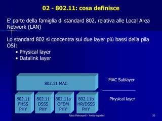 02 - 802.11: cosa definisce

E’ parte della famiglia di standard 802, relativa alle Local Area
Network (LAN)

Lo standard 802 si concentra sui due layer più bassi della pila
OSI:
    • Physical layer
    • Datalink layer



                                                                    MAC Sublayer
                 802.11 MAC


    802.11   802.11   802.11a         802.11b                       Physical layer
     FHSS     DSSS     OFDM           HR/DSSS
     PHY      PHY       PHY             PHY
                              Fabio Pietrosanti - Yvette Agostini                    20
 