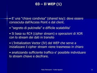 03 – Il WEP (1)



• E’ una “chiave condivisa” (shared key): deve essere
conosciuta dall’Access Point e dal client.
• “segreto di pulcinella” e difficile scalabilita’
• Si basa su RC4 (cipher stream) e operazioni di XOR
con lo stream dei dati in transito
• L’Initialization Vector (IV) del WEP che serve a
inizializzare il cipher stream viene trasmesso in chiaro
• analizzando sufficiente traffico e’ possibile individuare
lo stream chiave e decifrare.



                          Fabio Pietrosanti - Yvette Agostini   31
 
