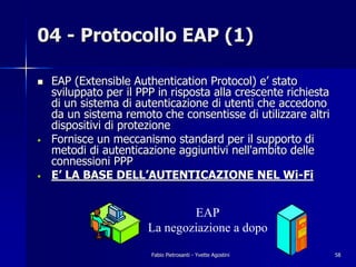 04 - Protocollo EAP (1)

!   EAP (Extensible Authentication Protocol) e’ stato
    sviluppato per il PPP in risposta alla crescente richiesta
    di un sistema di autenticazione di utenti che accedono
    da un sistema remoto che consentisse di utilizzare altri
    dispositivi di protezione
•   Fornisce un meccanismo standard per il supporto di
    metodi di autenticazione aggiuntivi nell'ambito delle
    connessioni PPP
•   E’ LA BASE DELL’AUTENTICAZIONE NEL Wi-Fi


                                EAP
                        La negoziazione a dopo

                        Fabio Pietrosanti - Yvette Agostini      58
 