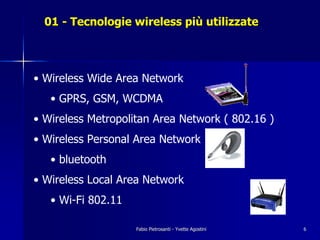 01 - Tecnologie wireless più utilizzate




• Wireless Wide Area Network
   • GPRS, GSM, WCDMA
• Wireless Metropolitan Area Network ( 802.16 )
• Wireless Personal Area Network
   • bluetooth
• Wireless Local Area Network
   • Wi-Fi 802.11

                    Fabio Pietrosanti - Yvette Agostini   6
 