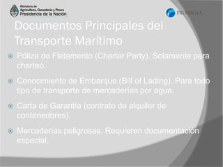 Documentos Principales del
Transporte Marítimo


Póliza de Fletamento (Charter Party). Solamente para
charteo.



Conocimiento de Embarque (Bill of Lading). Para todo
tipo de transporte de mercaderías por agua.



Carta de Garantía (contrato de alquiler de
contenedores).



Mercaderías peligrosas. Requieren documentación
especial.

 