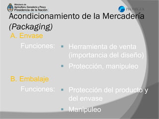 Acondicionamiento de la Mercadería
(Packaging)
A. Envase
Funciones:  Herramienta de venta
(importancia del diseño)
 Protección, manipuleo
B. Embalaje
Funciones:  Protección del producto y
del envase
 Manipuleo

 