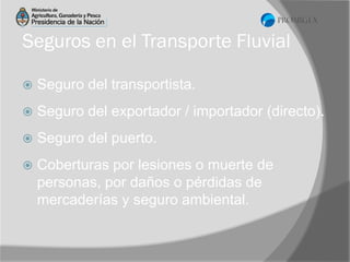 Seguros en el Transporte Fluvial


Seguro del transportista.



Seguro del exportador / importador (directo).



Seguro del puerto.



Coberturas por lesiones o muerte de
personas, por daños o pérdidas de
mercaderías y seguro ambiental.

 
