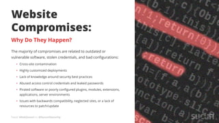 Tweet #AskSucuri to @SucuriSecurity
Website
Compromises:
Why Do They Happen?
The majority of compromises are related to outdated or
vulnerable software, stolen credentials, and bad configurations:
• Cross-site contamination
• Highly customized deployments
• Lack of knowledge around security best practices
• Abused access control credentials and leaked passwords
• Pirated software or poorly configured plugins, modules, extensions,
applications, server environments
• Issues with backwards compatibility, neglected sites, or a lack of
resources to patch/update
 
