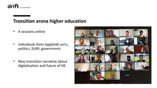 Transition arena higher education
• 4 sessions online
• Individuals from (applied) uni’s,
politics, SURF, government
• New transition narrative about
digitalization and future of HE
 