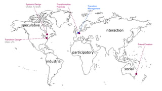 Systemic Design
OCAD, TU Delft
Transition Design
CMU, UTS
Frame Creation
UTS
Transformative
Practices
TU/e
Transition
Management
DRIFT
social
speculative
participatory
industrial
interaction
 