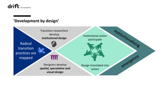 ‘Development by design’
Transition researchers
develop
Institutional design
Designers develop
spatial, speculative and
visual design
Institutional actors
participate
Design translated into
action
Radical
transition
practices are
mapped
 