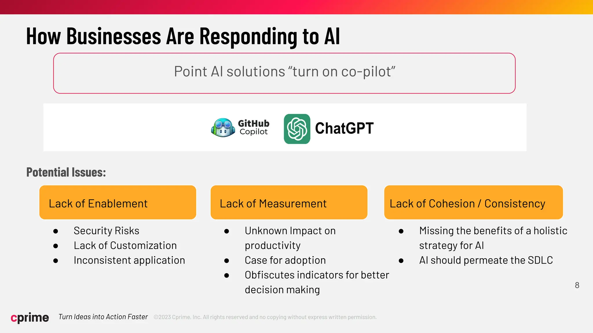 ©2023 Cprime, Inc. All rights reserved and no copying without express written permission.
Turn Ideas into Action Faster
How Businesses Are Responding to AI
8
Point AI solutions “turn on co-pilot”
Potential Issues:
Lack of Enablement
● Security Risks
● Lack of Customization
● Inconsistent application
Lack of Measurement
● Unknown Impact on
productivity
● Case for adoption
● Obﬁscutes indicators for better
decision making
Lack of Cohesion / Consistency
● Missing the beneﬁts of a holistic
strategy for AI
● AI should permeate the SDLC
 