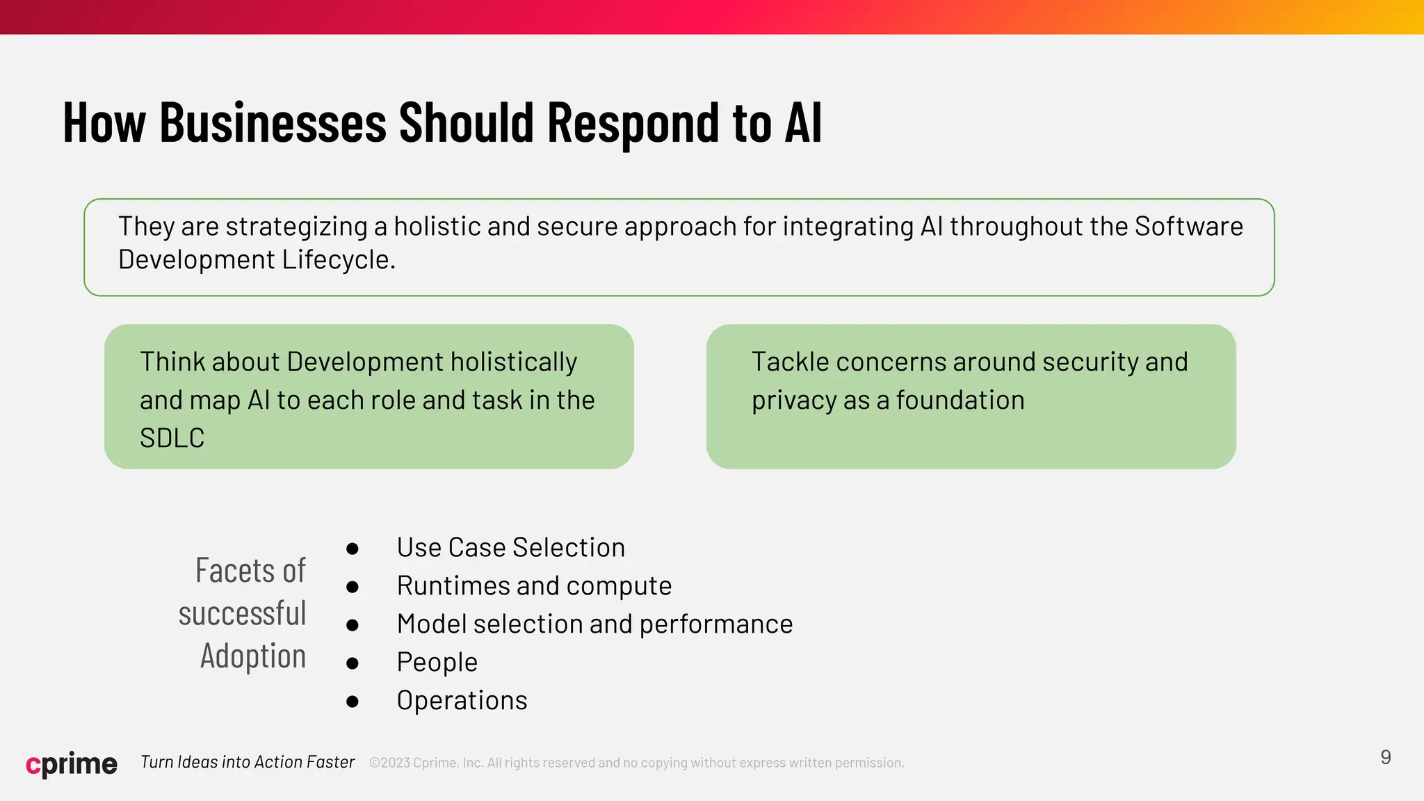 ©2023 Cprime, Inc. All rights reserved and no copying without express written permission.
Turn Ideas into Action Faster
How Businesses Should Respond to AI
9
Think about Development holistically
and map AI to each role and task in the
SDLC
Tackle concerns around security and
privacy as a foundation
They are strategizing a holistic and secure approach for integrating AI throughout the Software
Development Lifecycle.
Facets of
successful
Adoption
● Use Case Selection
● Runtimes and compute
● Model selection and performance
● People
● Operations
 