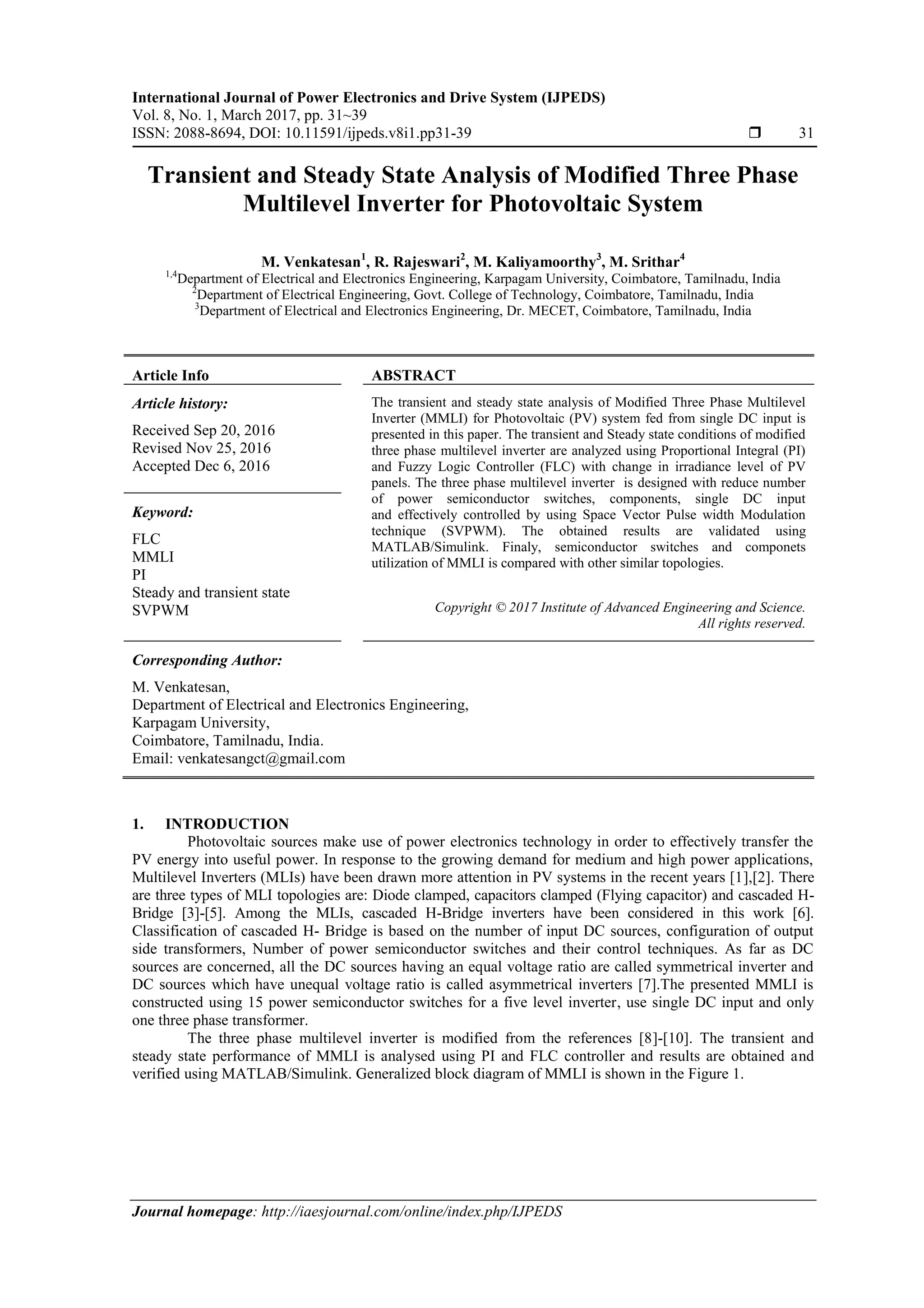 Transient and Steady State Analysis of Modified Three Phase Multilevel ...