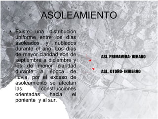 ASOLEAMIENTO Existe una distribución uniforme entre los días asoleados y nublados durante el año. Los días de mayor claridad son de septiembre a diciembre y los de menor claridad durante la época de lluvia, por el exceso de asoleamiento se afectan las construcciones orientadas hacia el poniente  y al sur. 