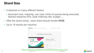 @dadoonet sli.do/elastic!29
Shard Size
• It depends on many different factors
‒ document size, mapping, use case, kinds of queries being executed,
desired response time, peak indexing rate, budget, ...
• After the shard sizing*, each shard should handle 45GB
• Up to 10 shards per machine
* https://www.elastic.co/elasticon/conf/2016/sf/quantitative-cluster-sizing
 