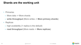 @dadoonet sli.do/elastic!45
Shards are the working unit
• Primaries
‒ More data -> More shards
‒ write throughput (More writes -> More primary shards)
• Replicas
‒ high availability (1 replica is the default)
‒ read throughput (More reads -> More replicas)
 