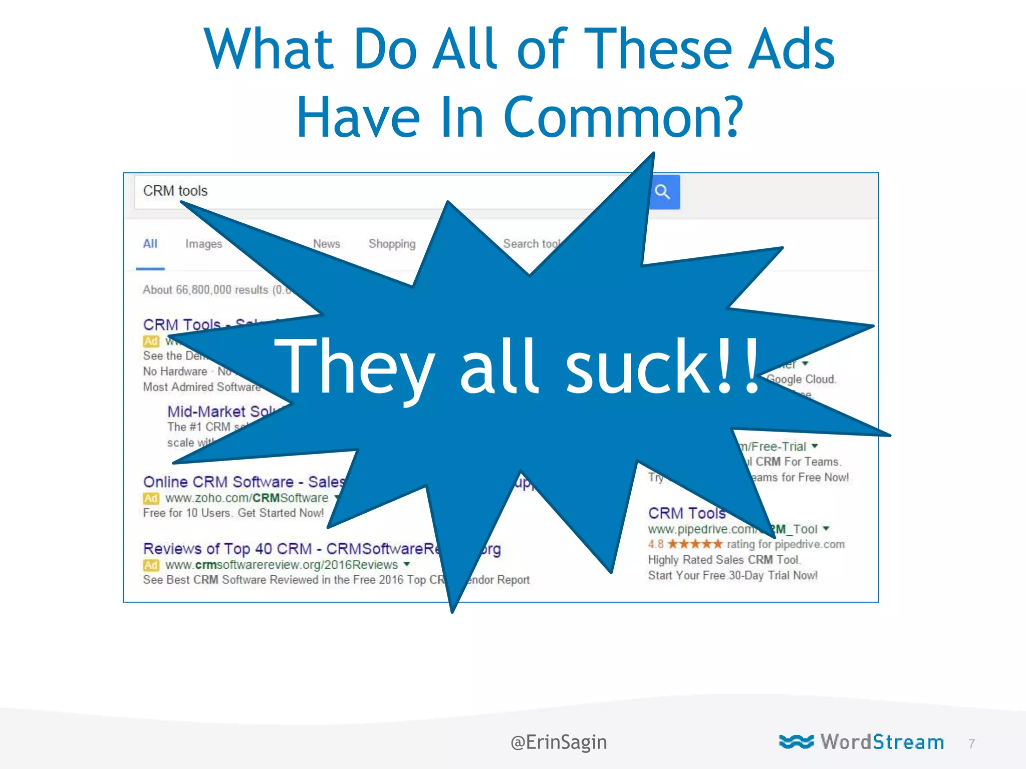 7WordStream Confidential
What Do All of These Ads
Have In Common?
They all suck!!
@ErinSagin
 