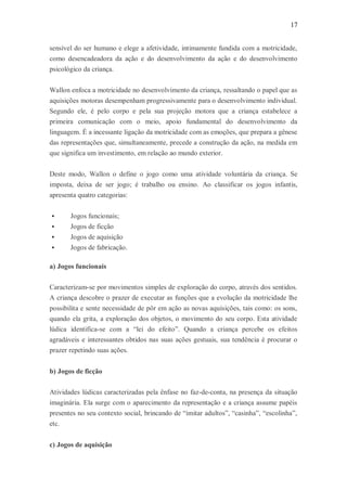 17 
sensível do ser humano e elege a afetividade, intimamente fundida com a motricidade, como desencadeadora da ação e do desenvolvimento da ação e do desenvolvimento psicológico da criança. 
Wallon enfoca a motricidade no desenvolvimento da criança, ressaltando o papel que as aquisições motoras desempenham progressivamente para o desenvolvimento individual. Segundo ele, é pelo corpo e pela sua projeção motora que a criança estabelece a primeira comunicação com o meio, apoio fundamental do desenvolvimento da linguagem. É a incessante ligação da motricidade com as emoções, que prepara a gênese das representações que, simultaneamente, precede a construção da ação, na medida em que significa um investimento, em relação ao mundo exterior. 
Deste modo, Wallon o define o jogo como uma atividade voluntária da criança. Se imposta, deixa de ser jogo; é trabalho ou ensino. Ao classificar os jogos infantis, apresenta quatro categorias: 
 Jogos funcionais; 
 Jogos de ficção 
 Jogos de aquisição 
 Jogos de fabricação. 
a) Jogos funcionais 
Caracterizam-se por movimentos simples de exploração do corpo, através dos sentidos. A criança descobre o prazer de executar as funções que a evolução da motricidade lhe possibilita e sente necessidade de pôr em ação as novas aquisições, tais como: os sons, quando ela grita, a exploração dos objetos, o movimento do seu corpo. Esta atividade lúdica identifica-se com a “lei do efeito”. Quando a criança percebe os efeitos agradáveis e interessantes obtidos nas suas ações gestuais, sua tendência é procurar o prazer repetindo suas ações. 
b) Jogos de ficção 
Atividades lúdicas caracterizadas pela ênfase no faz-de-conta, na presença da situação imaginária. Ela surge com o aparecimento da representação e a criança assume papéis presentes no seu contexto social, brincando de “imitar adultos”, “casinha”, “escolinha”, etc. 
c) Jogos de aquisição  