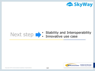 14Copyright © NTT Communications Corporation. All right reserved.
Next  step
• Stability and Interoperability
• Innovative use case
 