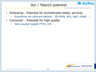 Copyright © NTT Communications Corporation. All right reserved.
Our  /  Telecoʼ’s potential
• Enterprise  :  Potential  for  orchestrated  elastic  services
• Everything  are  software-‐‑‒defined  :  SD-‐‑‒WAN,  NFV,  IaaS,  cPaaS ….
• Consumer  :  Potential  for  high  quality
• Well  covered  Gigabit-‐‑‒FTTH,  LTE  ….
8
 