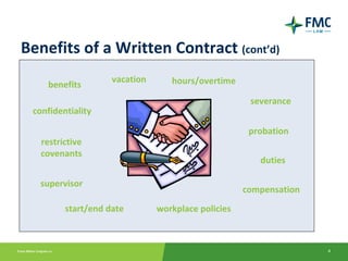 Benefits of a Written Contract (cont’d)
                    vacation      hours/overtime
    benefits
                                                     severance
 confidentiality

                                                     probation
   restrictive
   covenants
                                                       duties

  supervisor
                                                    compensation
         start/end date        workplace policies



                                                                   4
 