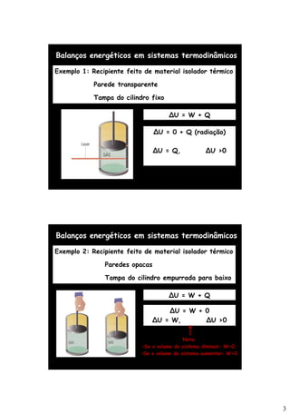 3
Balanços energéticos em sistemas termodinâmicos
Exemplo 1: Recipiente feito de material isolador térmico
Parede transparente
Tampa do cilindro fixo
∆U = W + Q
∆U = 0 + Q (radiação)
∆U = Q, ∆U >0
Balanços energéticos em sistemas termodinâmicos
Exemplo 2: Recipiente feito de material isolador térmico
Paredes opacas
Tampa do cilindro empurrada para baixo
∆U = W + Q
∆U = W + 0
∆U = W, ∆U >0
Nota:
•Se o volume do sistema diminuir: W>0;
•Se o volume do sistema aumentar: W<0
 
