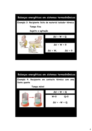 4
Balanços energéticos em sistemas termodinâmicos
Exemplo 3: Recipiente feito de material isolador térmico
Tampa fixa
Sujeito a agitação
∆U = W + Q
∆U = W + 0
∆U = W, ∆U > 0
Balanços energéticos em sistemas termodinâmicos
Exemplo 4: Recipiente em contacto térmico com uma
fonte quente
Tampa móvel
∆U = W + Q
W<0 Q>0
∆U = -W + Q
 