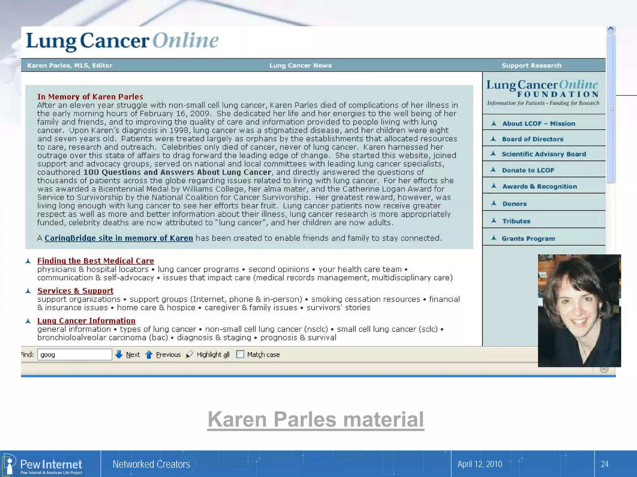 Karen Parles material
Networked Creators                           April 12, 2010   24
 