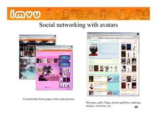 Social networking with avatars




Customizable home pages with avatar pictures
                                               Messages, gifts, blogs, picture galleries, rankings,
                                               stickers, wish lists, etc.                    69
 