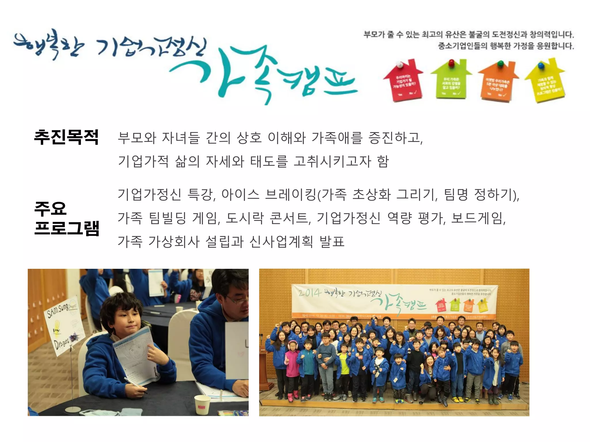 부모와 자녀들 간의 상호 이해와 가족애를 증진하고,
기업가적 삶의 자세와 태도를 고취시키고자 함
추진목적
주요
프로그램
기업가정신 특강, 아이스 브레이킹(가족 초상화 그리기, 팀명 정하기),
가족 팀빌딩 게임, 도시락 콘서트, 기업가정신 역량 평가, 보드게임,
가족 가상회사 설립과 신사업계획 발표
 