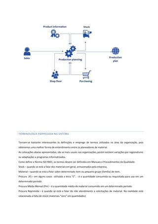 TERMINOLOGIA EMPREGADA NO SISTEMA
Tornam-se bastante interessantes às definições e emprego de termos utilizados na área da organização, pois
obteremos uma melhor forma de entendimento entre os planeadores de material.
As colocações abaixo apresentadas, são as mais usuais nas organizações, porém existem variações por regionalismo
ou adaptações a programas informatizados.
Como define a Norma ISO 9001, os termos devem ser definidos em Manuais e Procedimentos da Qualidade.
Stock – quando se está a falar dos materiais em geral, armazenados pela empresa,
Material – quando se está a falar sobre determinado item ou pequeno grupo (família) de item.
Procura (P) – em alguns casos utilizada a letra “C”. - é a quantidade consumida ou requisitada para uso em um
determinado período.
Procura Média Mensal (Pm) – é a quantidade média de material consumido em um determinado período.
Procura Reprimida – é quando se está a falar do não atendimento a solicitações de material. Na realidade está
relacionada a falta de stock (materiais “zero” em quantidades)
 
