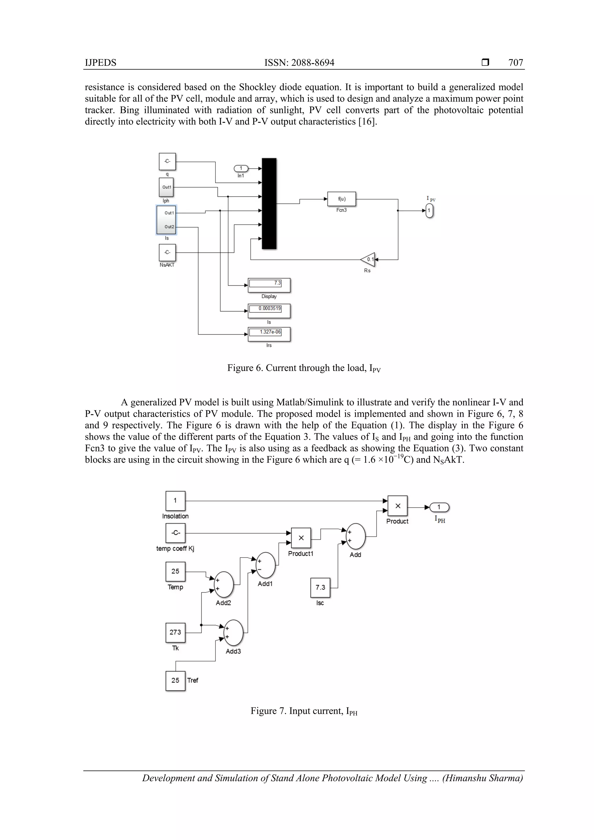 IJPEDS ISSN: 2088-8694 
Development and Simulation of Stand Alone Photovoltaic Model Using .... (Himanshu Sharma)
707
resistance is considered based on the Shockley diode equation. It is important to build a generalized model
suitable for all of the PV cell, module and array, which is used to design and analyze a maximum power point
tracker. Bing illuminated with radiation of sunlight, PV cell converts part of the photovoltaic potential
directly into electricity with both I-V and P-V output characteristics [16].
Figure 6. Current through the load, IPV
A generalized PV model is built using Matlab/Simulink to illustrate and verify the nonlinear I-V and
P-V output characteristics of PV module. The proposed model is implemented and shown in Figure 6, 7, 8
and 9 respectively. The Figure 6 is drawn with the help of the Equation (1). The display in the Figure 6
shows the value of the different parts of the Equation 3. The values of IS and IPH and going into the function
Fcn3 to give the value of IPV. The IPV is also using as a feedback as showing the Equation (3). Two constant
blocks are using in the circuit showing in the Figure 6 which are q (= 1.6 ×10−19
C) and NSAkT.
Figure 7. Input current, IPH
 