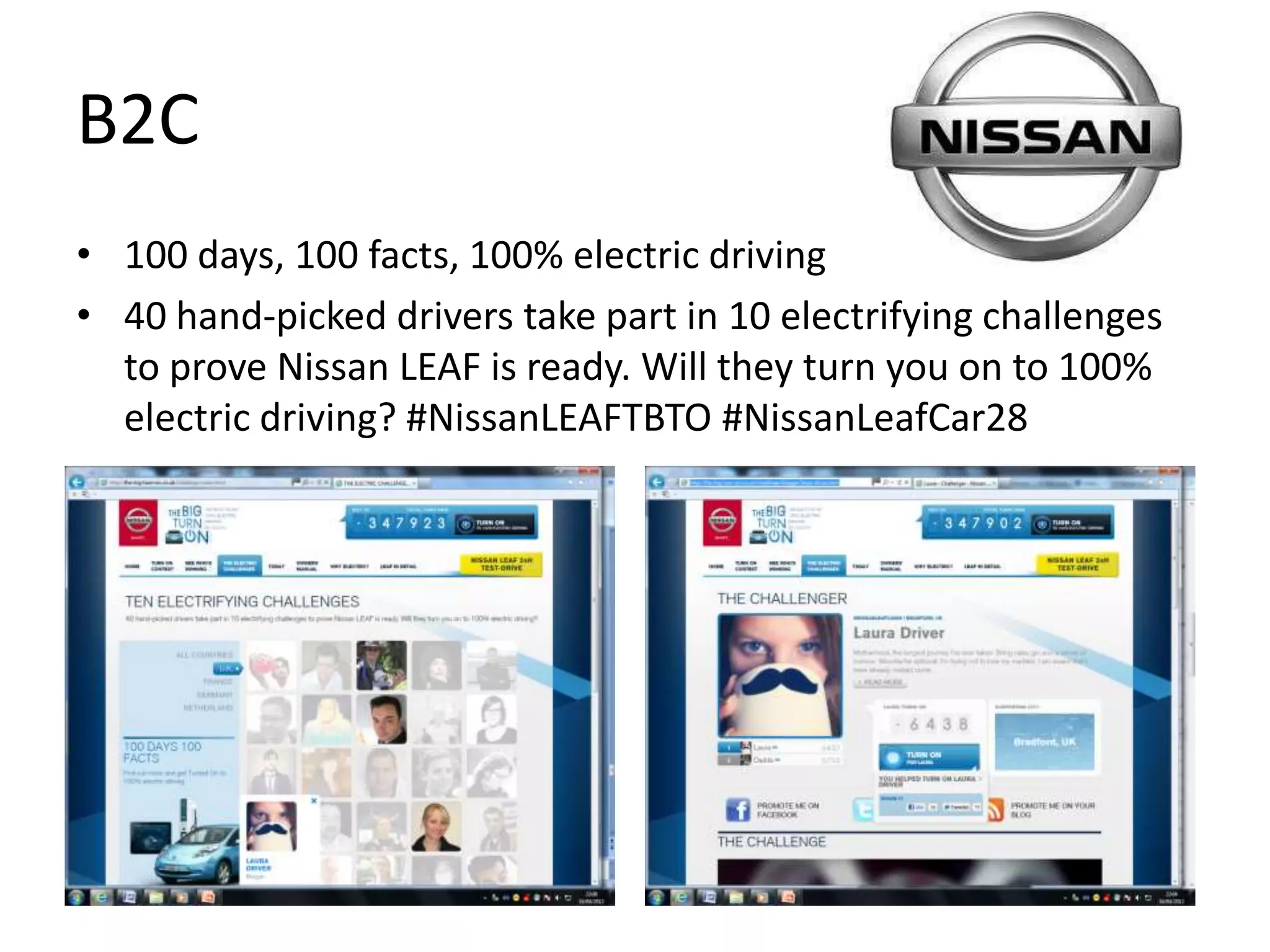 B2C
• 100 days, 100 facts, 100% electric driving
• 40 hand-picked drivers take part in 10 electrifying challenges
  to prove Nissan LEAF is ready. Will they turn you on to 100%
  electric driving? #NissanLEAFTBTO #NissanLeafCar28
 
