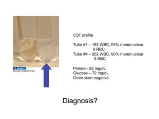 CSF profile

                         Tube #1 – 152 WBC, 95% mononuclear
                                   0 RBC
                         Tube #4 – 202 WBC, 90% mononuclear
                                    5 RBC

Source Undetermined
                         Protein - 85 mg/dL
                         Glucose – 72 mg/dL
                         Gram stain negative




                      Diagnosis?
 