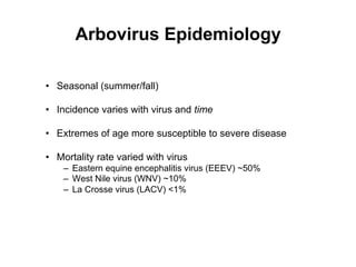 Arbovirus Epidemiology

•  Seasonal (summer/fall)

•  Incidence varies with virus and time

•  Extremes of age more susceptible to severe disease

•  Mortality rate varied with virus
    –  Eastern equine encephalitis virus (EEEV) ~50%
    –  West Nile virus (WNV) ~10%
    –  La Crosse virus (LACV) <1%
 