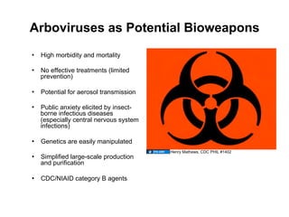 Arboviruses as Potential Bioweapons
•  High morbidity and mortality

•  No effective treatments (limited
   prevention)

•  Potential for aerosol transmission

•  Public anxiety elicited by insect-
   borne infectious diseases
   (especially central nervous system
   infections)

•  Genetics are easily manipulated
                                        Henry Mathews, CDC PHIL #1402
•  Simplified large-scale production
   and purification

•  CDC/NIAID category B agents
 