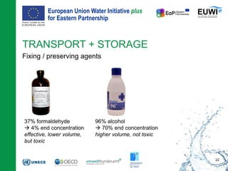 European Union Water Initiative plus
for Eastern Partnership
© iStockphoto.com/ansonsaw
TRANSPORT + STORAGE
Fixing / preserving agents
22
37% formaldehyde
 4% end concentration
effective, lower volume,
but toxic
96% alcohol
 70% end concentration
higher volume, not toxic
 