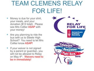 TEAM CLEMENS RELAY
         FOR LIFE!
 Money is due for your shirt,
   your meals, and your
   donation ($13 total). Please
   see Mrs Collier ASAP with
   your money!
 Are you planning to ride the
   bus with us to Steele High
   School? You need to let Mrs
   Collier know ASAP!
 If your waiver is not signed
   by a parent or guardian, you
   will not be allowed to Relay
   on May 4th. Waivers need to
   be in immediately!
 