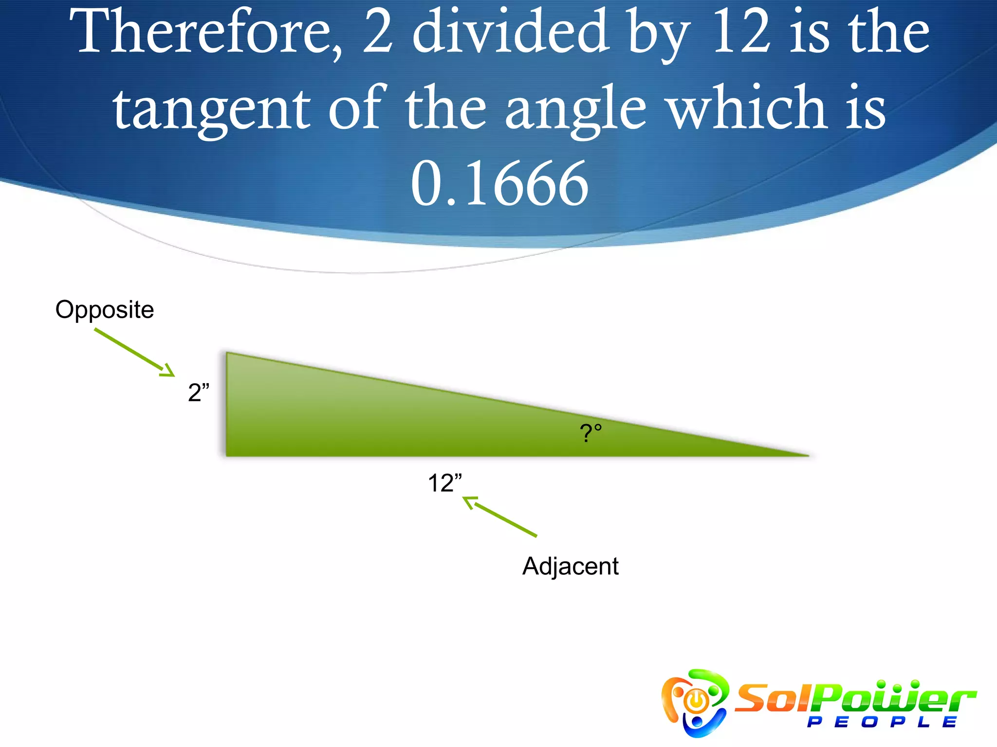 Therefore, 2 divided by 12 is the
  tangent of the angle which is
              0.1666
Opposite


           2”
                          ?°
                12”


                      Adjacent
 