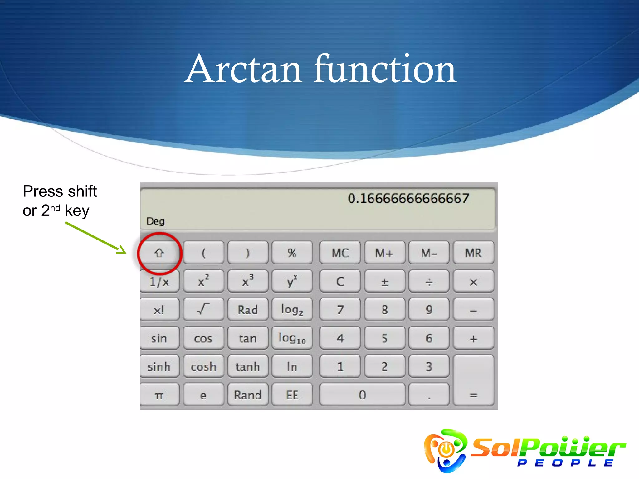 Arctan function

Press shift
or 2nd key
 