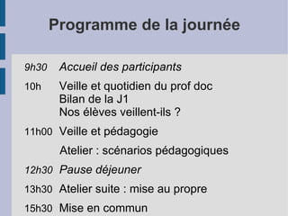 Programme de la journée

9h30    Accueil des participants
10h     Veille et quotidien du prof doc
        Bilan de la J1
        Nos élèves veillent-ils ?
11h00 Veille et pédagogie
        Atelier : scénarios pédagogiques
12h30 Pause déjeuner
13h30 Atelier suite : mise au propre
15h30 Mise en commun
 