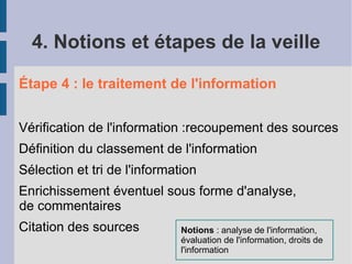 4. Notions et étapes de la veille

Étape 4 : le traitement de l'information


Vérification de l'information :recoupement des sources
Définition du classement de l'information
Sélection et tri de l'information
Enrichissement éventuel sous forme d'analyse,
de commentaires
Citation des sources          Notions : analyse de l'information,
                              évaluation de l'information, droits de
                              l'information
 