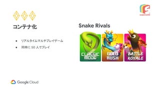 Snake Rivals
● リアルタイムマルチプレイゲーム
● 同時に 50 人でプレイ
コンテナ化
 