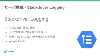 サーバ構成 - Stackdriver Logging
Stackdriver Logging
● ログの収集、検索、監視
● シンクを使用してログのエクスポート
● 除外フィルタによる、ログの分別・コスト削減
● google-fluentd
 