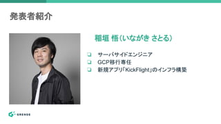 発表者紹介
❏ サーバサイドエンジニア
❏ GCP移行専任
❏ 新規アプリ「KickFlight」のインフラ構築
稲垣 悟（いながき さとる）
 