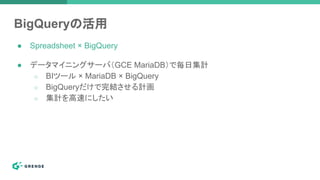 BigQueryの活用
● Spreadsheet × BigQuery
● データマイニングサーバ（GCE MariaDB）で毎日集計
○ BIツール × MariaDB × BigQuery
○ BigQueryだけで完結させる計画
○ 集計を高速にしたい
 