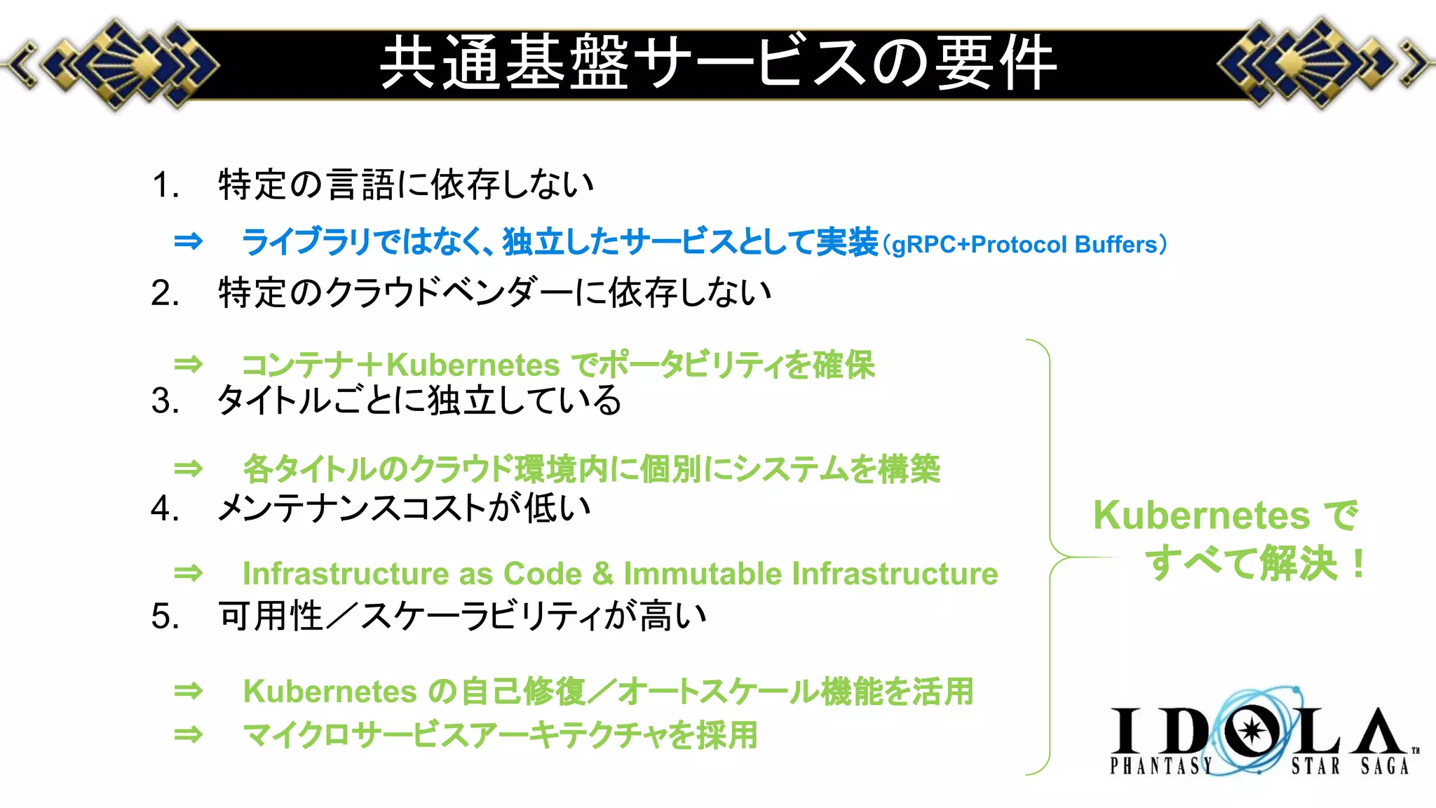 共通基盤サービスの要件
1. 特定の言語に依存しない
2. 特定のクラウドベンダーに依存しない
3. タイトルごとに独立している
4. メンテナンスコストが低い
5. 可用性／スケーラビリティが高い
⇒ ライブラリではなく、独立したサービスとして実装（gRPC+Protocol Buffers）
⇒ コンテナ＋Kubernetes でポータビリティを確保
⇒ 各タイトルのクラウド環境内に個別にシステムを構築
⇒ Infrastructure as Code & Immutable Infrastructure
⇒ Kubernetes の自己修復／オートスケール機能を活用
⇒ マイクロサービスアーキテクチャを採用
Kubernetes で
すべて解決！
 
