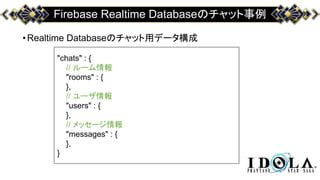 Firebase Realtime Databaseのチャット事例
•Realtime Databaseのチャット用データ構成
"chats" : {
// ルーム情報
"rooms" : {
},
// ユーザ情報
"users" : {
},
// メッセージ情報
"messages" : {
},
}
 