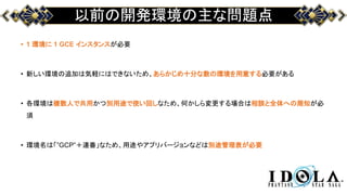 以前の開発環境の主な問題点
• 1 環境に 1 GCE インスタンスが必要
• 新しい環境の追加は気軽にはできないため、あらかじめ十分な数の環境を用意する必要がある
• 各環境は複数人で共用かつ別用途で使い回しなため、何かしら変更する場合は相談と全体への周知が必
須
• 環境名は「”GCP”＋連番」なため、用途やアプリバージョンなどは別途管理表が必要
 