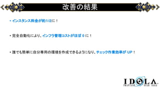 改善の結果
• インスタンス料金が約１/２に！
• 完全自動化により、インフラ管理コストがほぼ 0 に！
• 誰でも簡単に自分専用の環境を作成できるようになり、チェック作業効率が UP！
 